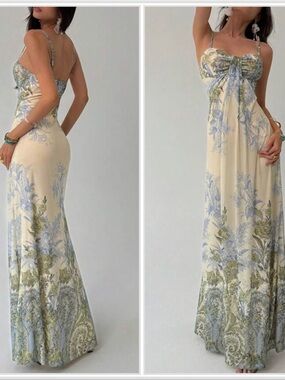 Elegant Cream Floral Maxi Dress - Sleeveless Spaghetti Strap